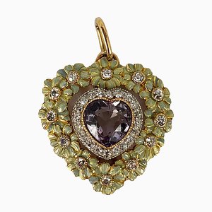 Edwardian Morganite Heart Platinum Gold Diamond Enamel Pendant, 1890s