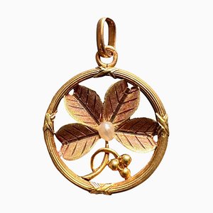 French Lucky Shamrock Four Leaf Clover 18k Yellow Gold Pearl Charm Pendant, 1890s
