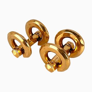 French 18k Yellow Gold Mecan Elde Hexagonal Circle Cufflinks, 1940s, Set of 2