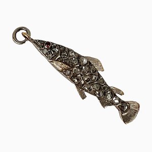 Antiker 18 Karat Roségold Silberner Rubin Diamant Fisch Charm Anhänger, 1890er