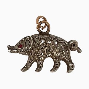 Antiker 18 Karat Roségold Silber Rubin Diamant Schwein Charm Anhänger, 1890er