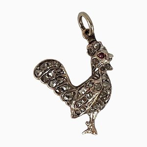 Antique 18k Rose Gold Silver Ruby Diamond Rooster Charm Pendant, 1890s