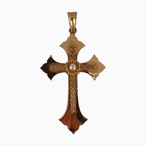 Colgante de cruz francesa de perlas en oro amarillo rosa de 18 k, años 50