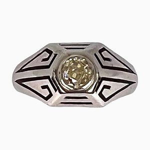 Art Deco Emaillierter Ring aus 14 Karat Weißgold mit Gelbem Diamanten, 1920er
