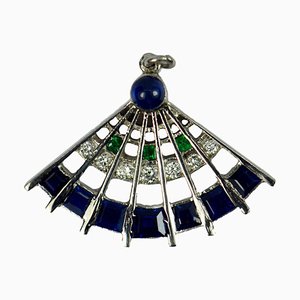 Art Deco Platinum Diamond Sapphire Emerald Fan Charm Pendant, 1920s
