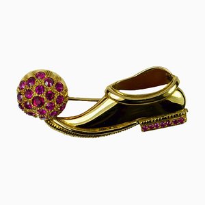 14 Karat Gelbgold Rubin Tsarouchi Schuhbrosche, 1950er