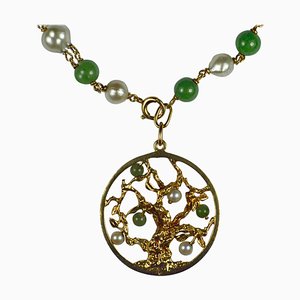 Colgante de pulsera con el árbol de la vida de oro amarillo perla verde de jade, años 50
