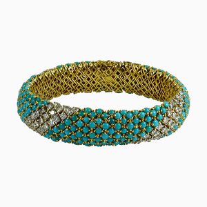 Pulsera Pelouse italiana de oro amarillo y azul turquesa con diamantes, años 60