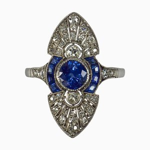 Französischer Platinring mit weißem Diamant und blauem Saphir, 1890er