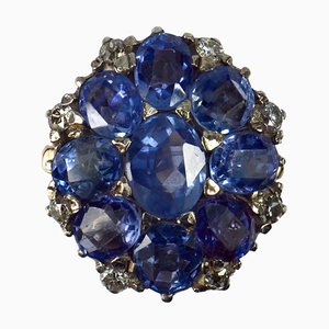 Blue Sapphire White Diamond 18 Karat Gold Cluster Ring, 1950s