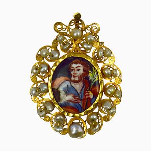 Devocional colgante de esmalte de perlas de oro amarillo de San José