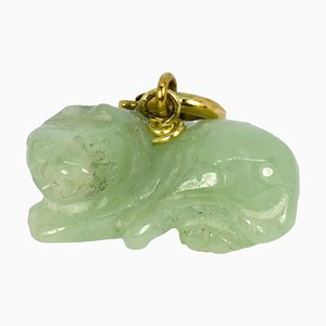Carved Green Jade Tiger 9k Yellow Gold Charm Pendant, 1980s