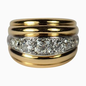Französischer Geriffelter Diamantring aus Gold und Platin, 1940er