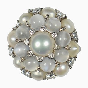 Anillo bombe ojo de gato con perla de oro blanco, años 60
