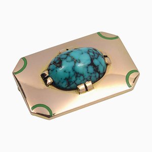 French Art Deco Turquoise Enamel Gold Brooch, 1930s