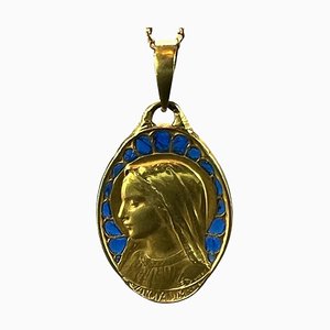 Französische Dropsy Jungfrau Maria Plique a Jour Emaille Medaille aus 18 Karat Gelbgold, 1890er