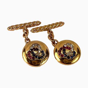 Ruby Sapphire and Diamond Trefoil 14k Yellow Gold Cufflinks, 1890s, Set of 2