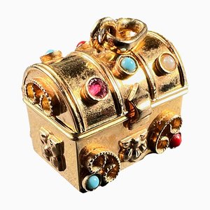 French Mechanical Treasure Chest 18k Yellow Gold Gem Set Charm Pendant, 1950s