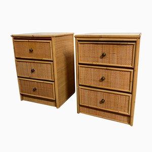 Mid-Century Modern Rattan Nachttische mit 3 Schubladen, 2er Set