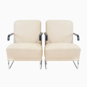Poltrone beige in pelle e tubolare d'acciaio, anni '70, set di 2
