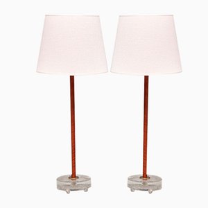 Table Lamps in Brass, Leather and Glass from Eskilstuna Armaturer, 1960s, Set of 2