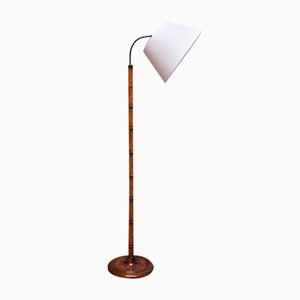 Swedish Modern Birch Faux Bamboo Floor Lamp with Ivory Adjustable Shade, 1940s