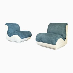 Sessel mit Fiberglas Struktur aus blauem geripptem Stoff, 1970er, 2er Set