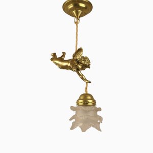 Messing Deckenlampe mit Putto, Frankreich, 1910er