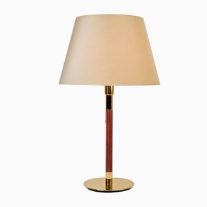 Lámpara de mesa vintage de cuero y latón de George Hansen para Metalarte, años 60