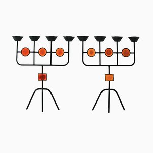 Candélabres en Verre Rouge et Fer Forgé par Gunnar Ander pour Ystad Metall, 1950s, Set de 2