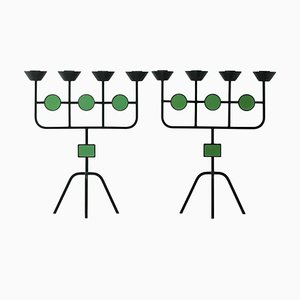 Candelabri in vetro verde e ferro battuto di Gunnar Ander per Ystad Metall, anni '50, set di 2
