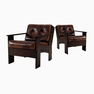 Set of Armchairs in Leather and Slavonian Oak by Giuseppe Rivadossi, Italy, 1960s