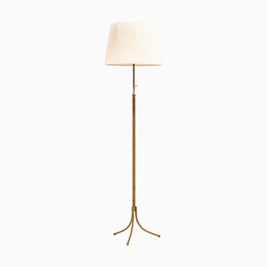 Height-Adjustable Floor Lamp in Brass with Lamp Shade attributed to Josef Frank, 1950s