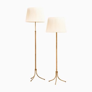 Height-Adjustable Floor Lamps in Brass with Lamp Shades attributed to Josef Frank, 1950s, Set of 2