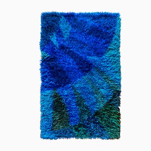Blauer Mid-Century Modern Hochflor Rya Teppich, Schweden, 1960er