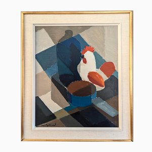 Il gallo, anni '50, dipinto ad olio, con cornice