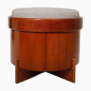 Reposapiés Mid-Century moderno de contrachapado de teca con cojín Bouclè en crudo, años 70