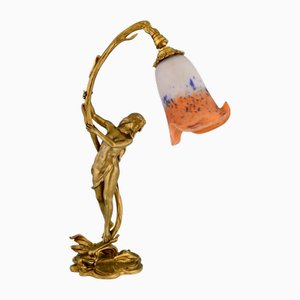 Lampada Art Nouveau in bronzo di Ferville Suan per Degué, Francia, inizio XX secolo