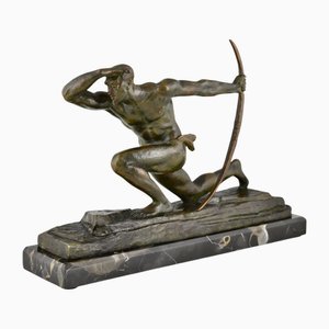 Pierre Le Faguays, Art Deco Sculpture of Athlete with Bow, 1930, Bronze on Marble Base