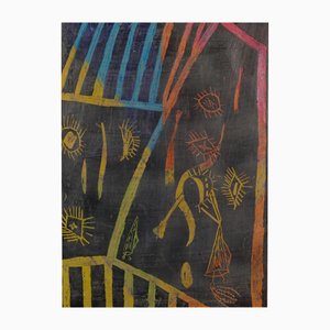 African Figures, Crayon on Paper Drawings, Framed, Set of 2