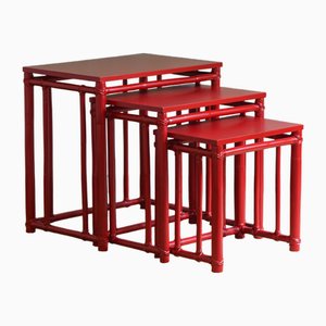 Nesting Side Tables in Red Lacquered Bamboo from McGuire, San Francisco, USA, 1970s, Set of 3