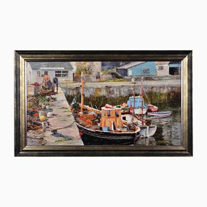 Nancy Bailey, Working Boats, Porthleven, Cornwall, 1973, peinture à l'huile empâtement, encadrée