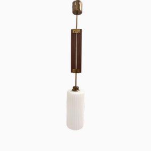 Glazed Opaline Glass, Teak and Brass Pendant, Italy, 1960s