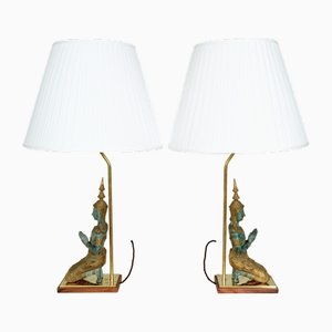 Lámparas de mesa Teppanom Buddha tailandesas de bronce y latón dorado estilo Mont, Bélgica. Juego de 2