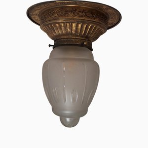 Art Nouveau Ceiling Lamp with Large Embossed Brass Rosette and Partially Frosted Teardrop-Shaped Glass Shade, 1890s