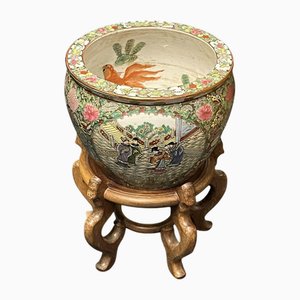 Chinese Canton Jardiniere on Wooden Stand
