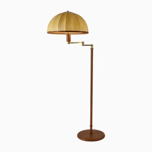 Swingarm Floor Lamp with Dome Shade in Parchment Leather and Brass, 1960s