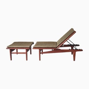 Verstellbares dänisches GE-1 Tagesbett & Fußhocker aus Teak von Hans J. Wegner für GETAMA, 1950er