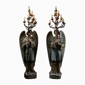 Antique Church Angel Candleholders with Brass Chandeliers, 19th Century, Set of 2