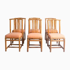 Vintage Bamboo Chairs with Peach-Colored Upholstered Seats, Set of 6